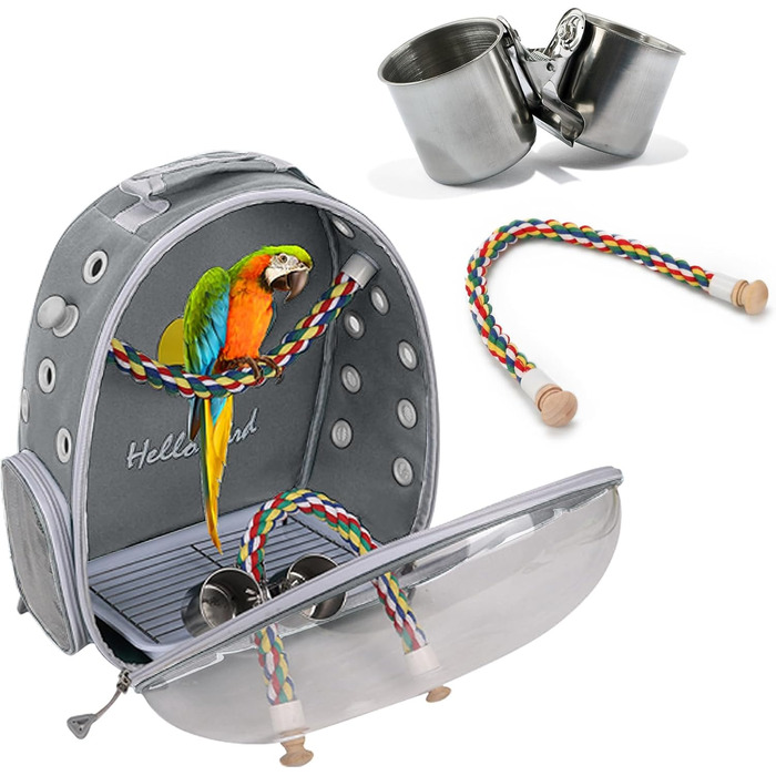 Рюкзак для птахів PETCUTE з дерев'яною жердкою: переноска, транспортна сумка для папуг, сіра