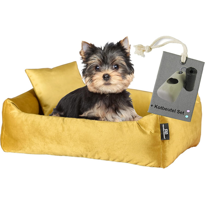 М'яке та зручне ліжко для собак Roé - ліжко-печеринка для маленьких собак, включає пакетики для збору відходів (S, гірчичний)