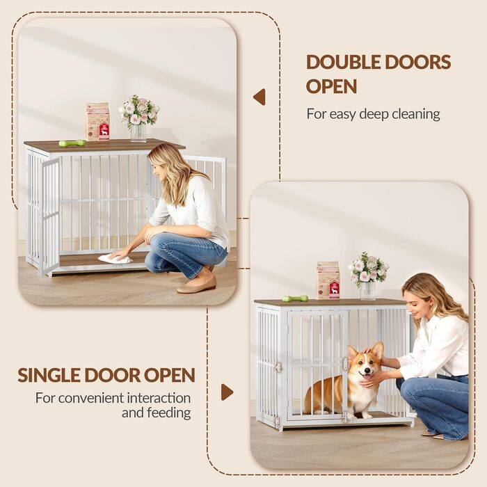Будиночок для собак 100 см, дерев'яна клітка для дому з 3 дверцями (100x60x70 см), вінтажний коричнево-білий, для середніх та великих порід