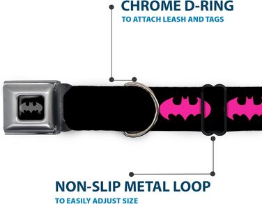 Нашийник для собак Buckle-Down Batman з пряжкою, 3,8 см, чорний/фуксія, для шиї 40,6–58,4 см