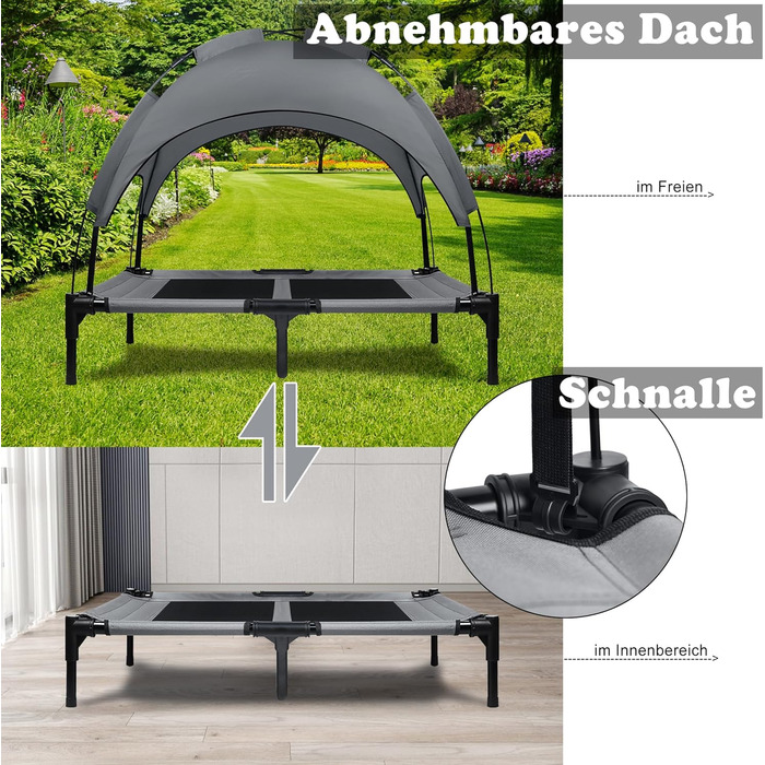 Підвищене собаче ліжко з дахом, сонцезахист, ліжко для домашніх тварин з балдахіном, лежанка для собак на вулицю, собаче софа з неслизькими підкладками, водонепроникний дах та дихаюча сітка, розмір 92x76x92 см