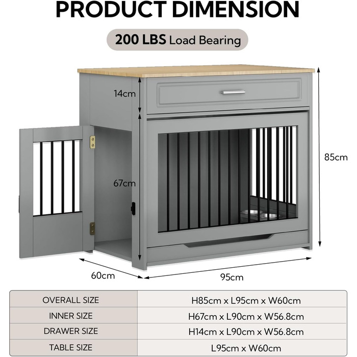 DAWNYIELD Клітка для собак, меблі, дерев'яна з відкидною дверцятами та шухлядою, стиль меблів, внутрішній вольєр для собак, стіл з поворотним миском на 360°, білий колір, біла розсувна дверцята (сіра розсувна дверцята)