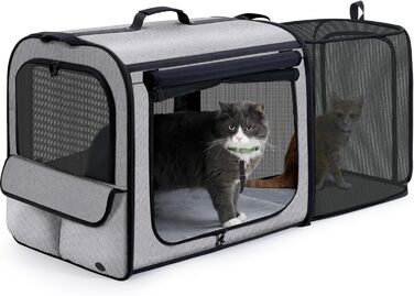 Pecute Розширювана переноска для котів та маленьких собак, транспортна сумка-переноска, розкладний бокс для котів, сіра/зелена, 61x52x45 см