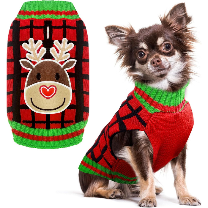 Теплий святковий пуловер для собак з отвором для шлейки, червоний в клітинку, олень. Підходить для малих, середніх та великих собак, котів. Ідеальний для осені та зими.