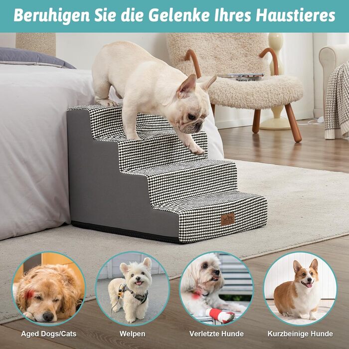 Сходинка для собак COZY KISS, 4 сходинки, 45 см, для маленьких собак, котів, для ліжка, дивану, авто. Щільний пінопласт, знімний чохол (чорний та білий, 60x45x45 см)