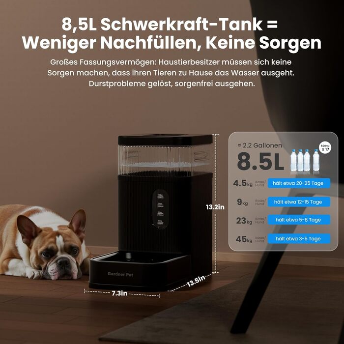 Автоматичний диспенсер води для собак та котів Gardner, годівниця з нержавіючої сталі, велика ємність (8.5л, чорний)