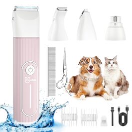 Машина для стрижки собак та котів Hoofun 4-в-1, бездротова, водонепроникна IPX7, професійна, з 4 насадками, для собак, котів, кроликів (рожева)