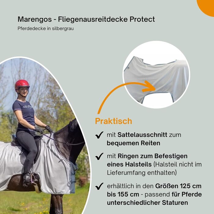 Маренгос - захисна попона для коня від мух, з вирізом під сідло, дрібна сіточка, знімний захист хвоста, для вулиці, сріблясто-сіра, 145 см