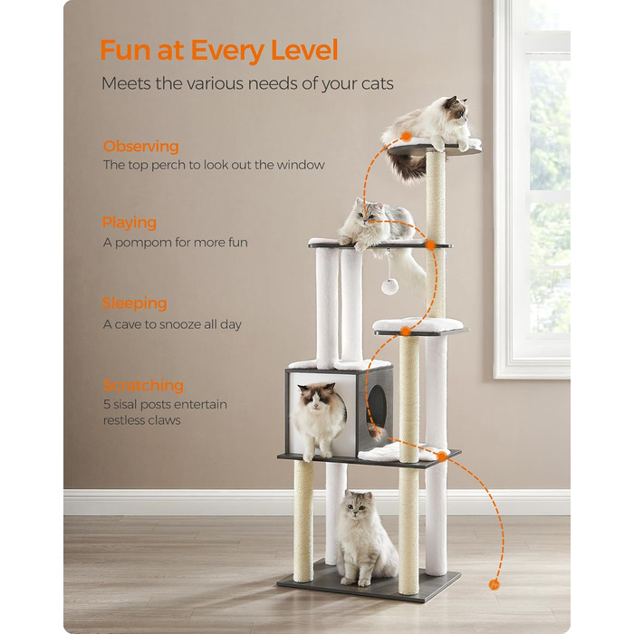 Дерев'яний будиночок для котів Feandrea WoodyWonders UPCT166G03, багатоярусний, з 5 стовпчиками для дряпання, лежаком, знімними подушками, сірий