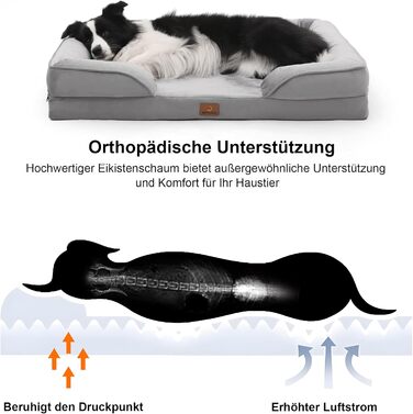 Ортопедичне ліжко для собак великих порід, ергономічне софа з піною у формі яйця, вологостійке, неслизьке ліжко для собак 97x71см, світло-сірий, L 97 x W 71 x H 17 см