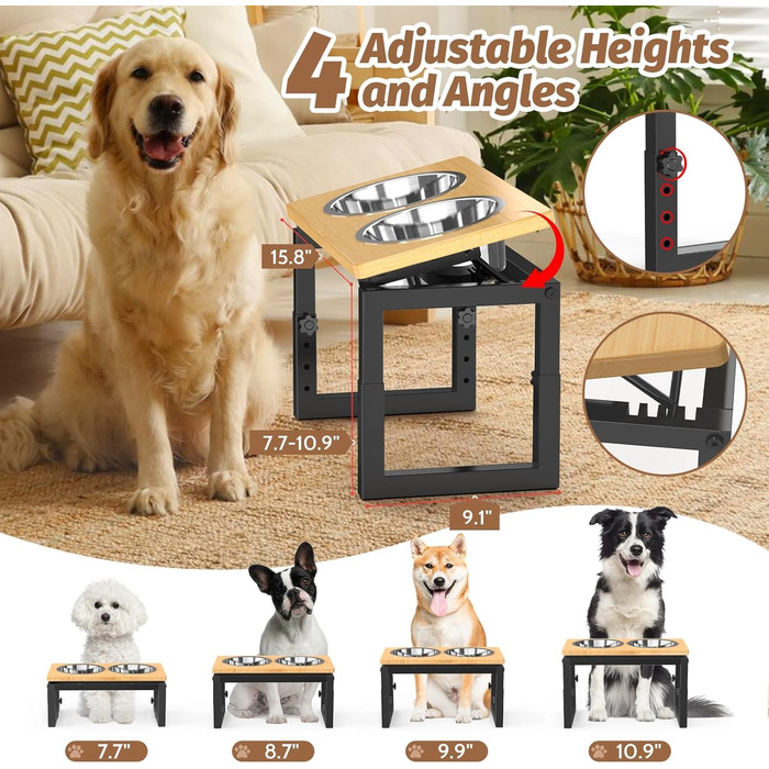 Підвищена годівниця для собак середніх та великих порід, чорна. 2 миски з нержавіючої сталі, регульована висота