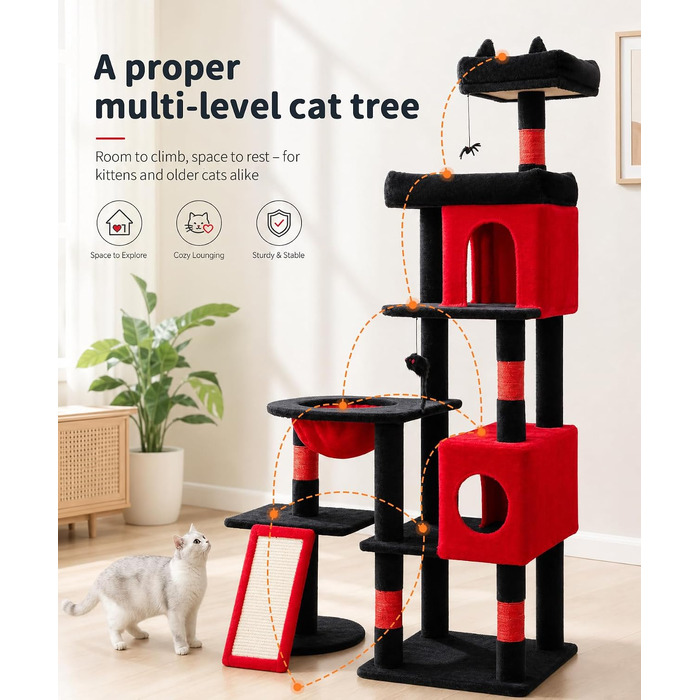 Комплекс для котів Kratzbaum XL 173 см: Дряпка-стовпчик з печерами, платформами, кошиком та іграшками (PMT02DG, Чорний+Червоний)