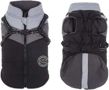 Водонепроникний зимовий теплий дощовик для собак Savlot - вітронепроникна куртка для маленьких та середніх собак з нашийником, світловідбиваючі елементи (чорний + сірий)