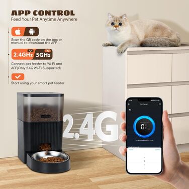 Автоматичний годівниця для котів та собак Nobleza з Wi-Fi, 4.2L, таймер, 10S запис голосу, 1-10 порцій, миска з нержавіючої сталі та пакетик силікагелю, чорний