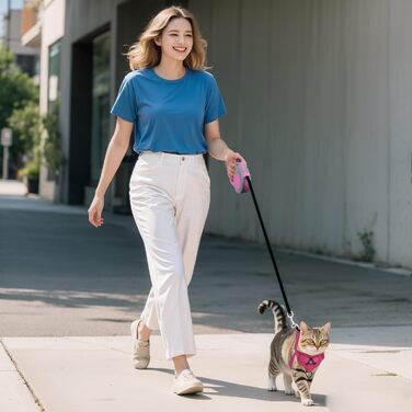 Катячий сміх з повідком, автоматичний котячий поводок з дзвінком, розтяжний котячий поводок з дзвінком та повідком для кошенят, собак (рожевий, M)