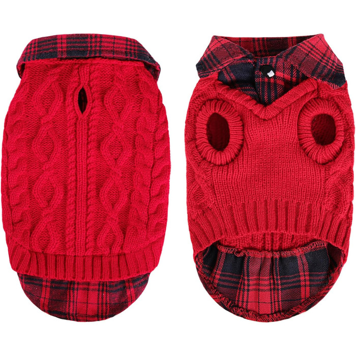 Теплий собачий светр у клітинку з коміром-горловиною та отворами для повідка – зимовий одяг для собак маленьких, середніх та великих порід. Светр для котів на Різдво, червоний, розмір M, червоний