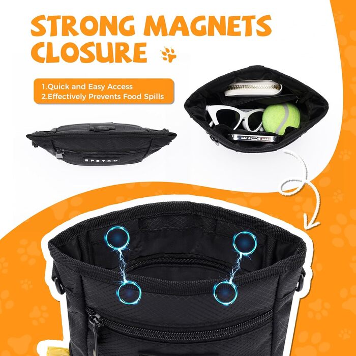 Чорна сумка для ласощів для собак великого об'єму з регульованим ремінцем та міцним магнітним закриттям