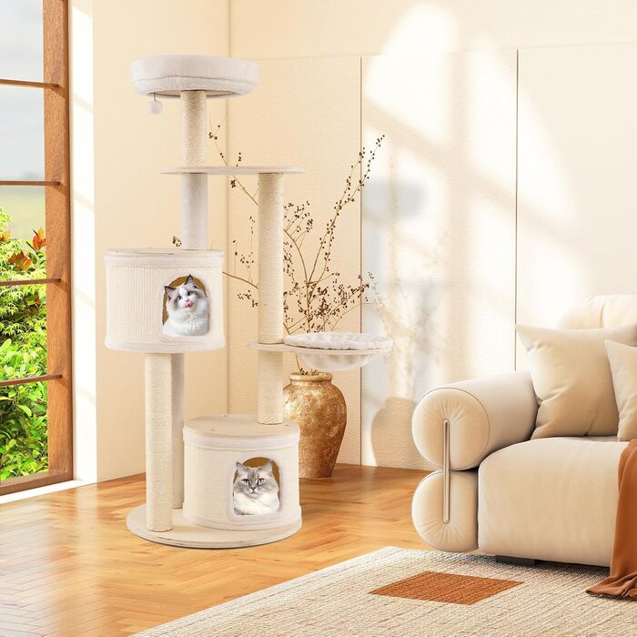 Дерев'яний кігтеточки Costway 143 см: кігтеточки з товстою колоною, сизаль, платформа, сизалеве покриття, іграшковий м'ячик та сходинка. Активний комплекс для котів, 143 см.