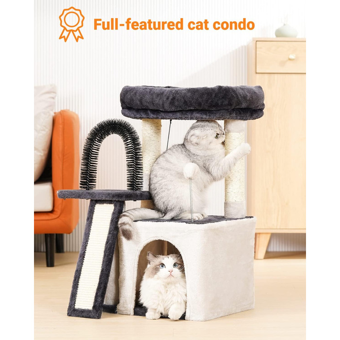 Дерев'яний будиночок для котів Happi N Pets з сизалевим канатом, великою печерею та інтегрованим туалетом, сірий, 76 см