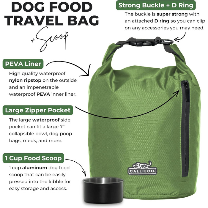 Сумка для корму для собак Callieco з мірною ложкою та кишенею на блискавці, водонепроникний контейнер для дому, подорожей, кемпінгу, перельоту та іншого (Зелений, 32 порції)