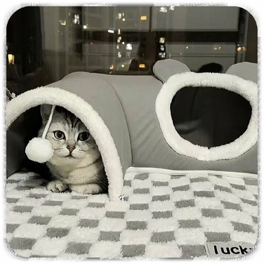 Плюшеве ліжко-шахівниця для котів з тунелем 2в1, сіре, розмір XL 86x70x26 см