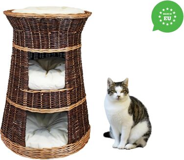 Корзина для котів для сну - котяча хатинка для дому - розмір 43 x 49 x 70 см, кругла - котяча печера з лози, трирівневе ліжко для собак або котів з пральним подушками в кольорі слонова кістка - лакована корзина з бежевими подушками