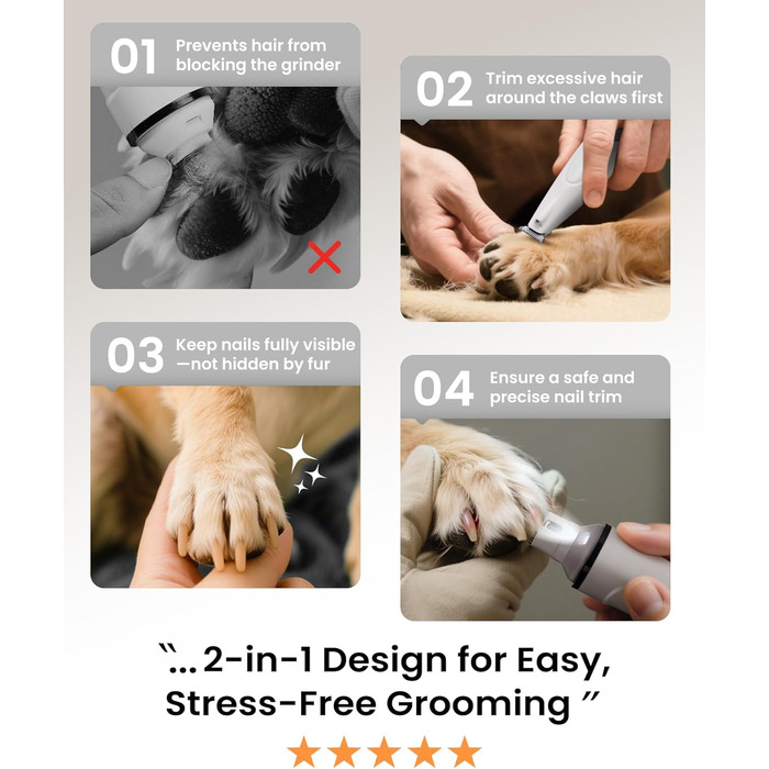 PAPMINI 2-в-1 триммер для когтів та стрижка когтів для собак, безшумний, акумуляторний, для великих, середніх та маленьких собак, білий