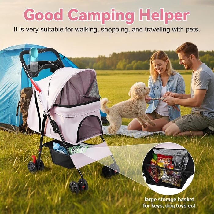 Складаний візок для тварин та дітей з обертовими колесами на 360°, кошиком для зберігання, міцним металевим каркасом та дихаючими сітковими віконцями – портативний переносник для котів та собак до 22 кг (Рожевий)