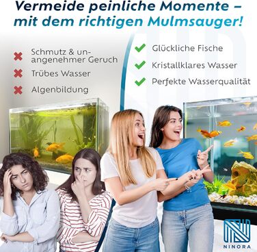 Нінора® Мульмсмукач для акваріума – очищувач ґрунту, заміна води з насосом та шланговим клапаном | Безпечний для риб, без хімії | Для малих та великих акваріумів | Аксесуари для акваріума з електронною книгою