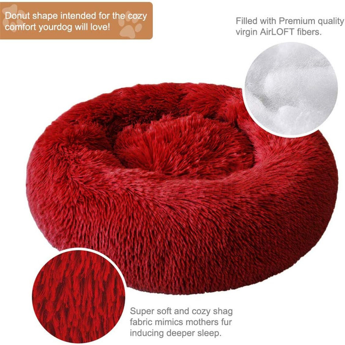 М'яке ліжко для собак та котів, софа, кругле плюшеве ліжко-кільце для великих собак, водонепроникне дно, 50/60 см (червоний)