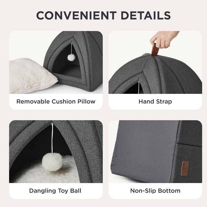 Кішка ліжко BEDSURE велике, 40x40x40 см, кішка печера, знімний плед Sherpa, іграшка, миється, темно-сірий