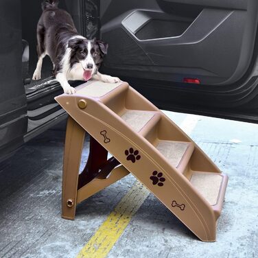 Сходинки для домашніх тварин GYMAX з 4 сходинками, складані, з пластику, з неслизькими підкладками, 4 килимками, трикутною структурою, для котів та собак (колір кавовий)