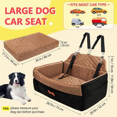 Автокрісло для собак PetsHome: комфортне та безпечне автокрісло для середніх та великих собак, знімний чохол, м'яке Memory Foam, кишені, 2 ремінці безпеки, коричневе