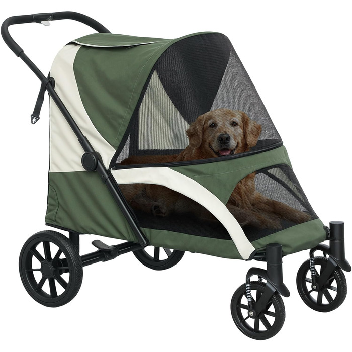 PawHut Будка-перевозка для собак та котів, розкладний, до 30 кг, з подушкою, сіткою, кишенями, гальмами (темно-зелений)