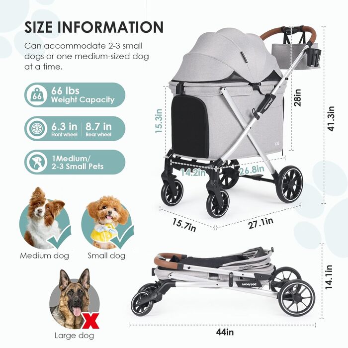 Дитяча коляска для собак Beberoad Pets X6, сіра, до 30 кг, складна, з регулюванням спинки 180° та амортизаторами