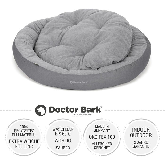 Кругле лежанка для собак великих порід Doctor Bark GreenLabel, 70x60 см, світло-сірий, з м'яким флісовим/бавовняним подушкою