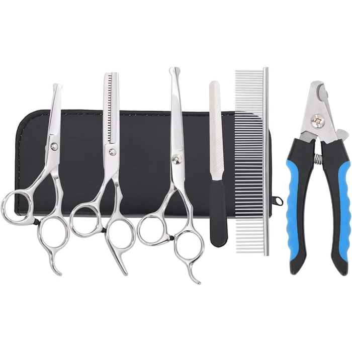 Набір професійних ножиць для собак з витончувальними ножицями, кусачками для нігтів та гребінцем - для всіх пухнастих домашніх тварин, сріблястого кольору, 15,5 x 5,5 см