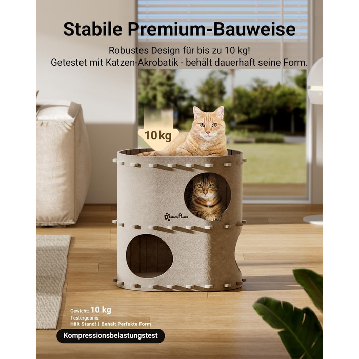 Будиночок-печеринка для котів DownyPaws з фетру, 2-ярусне ліжко для котів, 50 x 33 x 50 см, затишний дизайн, захист кігтів, бежевий