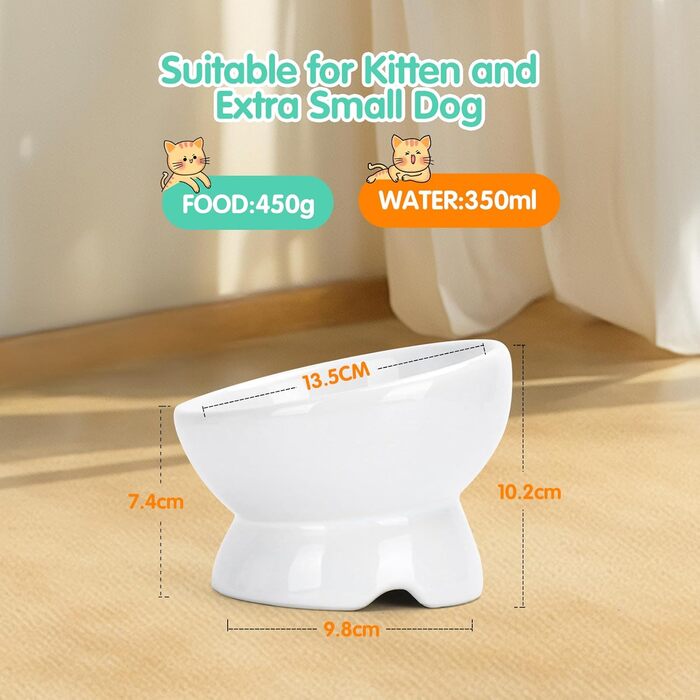 Набір мисок для котів Nobleza (2 шт) з кераміки, нахил 15°, проти блювоти, для корму та води, підходить для котів та маленьких собак, білий колір