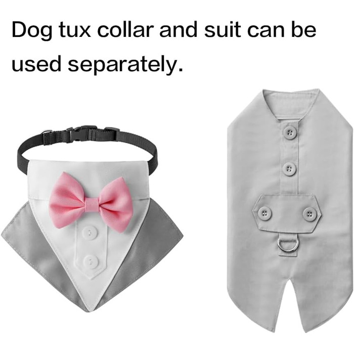 Костюм для собак з банданою, нашийник, одяг для собак на весілля, костюм з рожевою краваткою та регульованою пряжкою, для великих собак (Сірий, L)