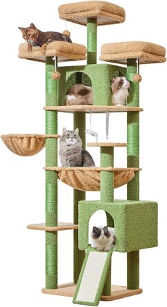 Кігтеточка для котів Taoqimiao 193 см, велика, XXL, з будиночками, гамаком, кошиком та 7 стовпчиками для заточування кігтів, сірий/зелений (MS047G)