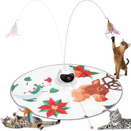 Інтерактивна іграшка для котів 3-в-1 Spessn: хованки, пір'я, лазерний вказівник. Перезаряджувана, для котів будь-якого віку. Біло-червоний дизайн (новорічний стиль)