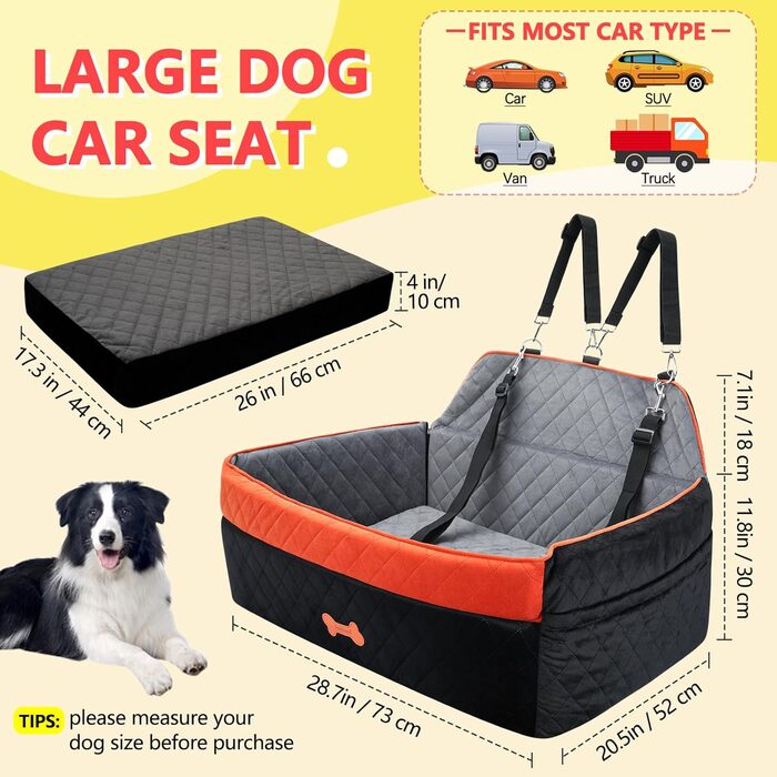 Автокрісло для собак PetsHome - чорне, для середніх та великих собак, знімний, з Memory Foam, з кишенями та ременями безпеки