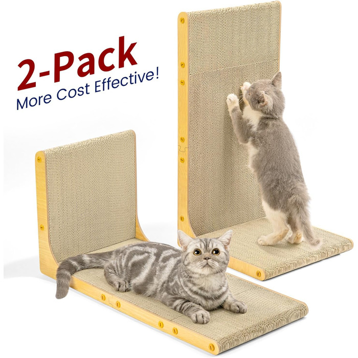 Кігтеточка для котів Conlun L-подібної форми, 58 см, настінний монтаж, вертикальна поверхня для дряпання, міцна картонна поверхня для захисту меблів, велика, біла (2 шт., світле дерево)