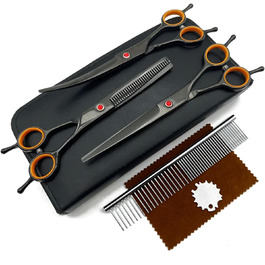Професійний набір ножиць для грумінгу собак: вигнуті, прямі, розріджувачі + гребінець (чорний+помаранчевий)