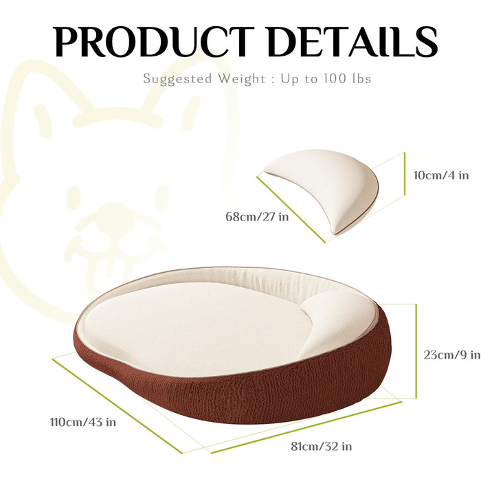 Ортопедичне собаче ліжко XXL з подушкою – комфортне собаче ліжко-софа з піною з пам'яті, знімний та пральний чохол – для великих собак, міцне та затишне, помаранчеве