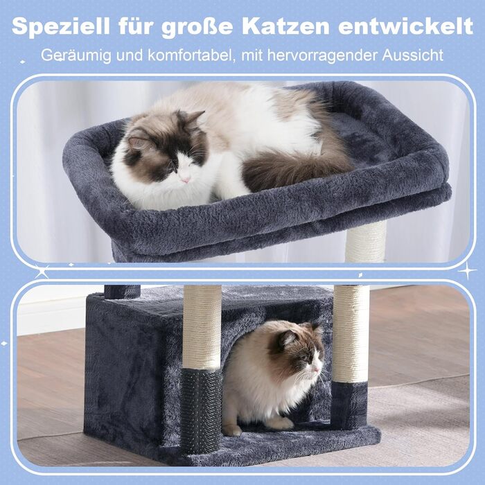 Котячий будиночок Hey-brother Kratzbaum для великих котів та Мейн-кунів, багатоярусний, стабільний, з 2 платформами, 2 котячими будиночками, великою печерею та щіткою, EMPJ070W (димно-сірий)