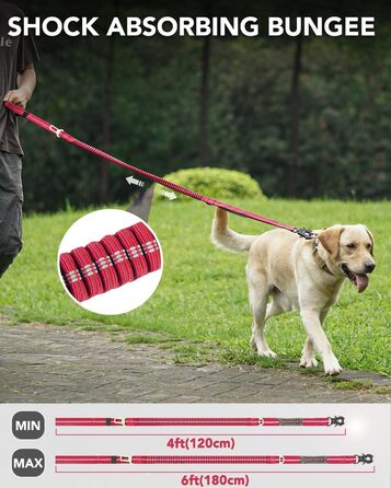Тактична повідок для собак Joytale, еластична (bungee) повідок з 2 м'якими ручками, кріплення для автомобіля, повідок без ривка для середніх, великих та дуже великих собак (1.2м-1.8м, світорожевий)