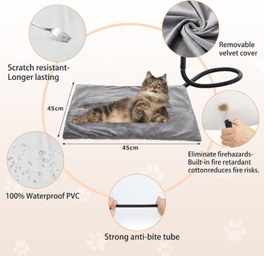 Кішечковий та собачий нагрівальний килимок, 45 x 45 см, 5 таймерів та 6 температурних режимів, вологостійкий, для цуценят, собак, котів та кроликів