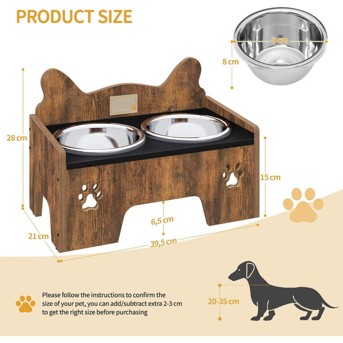 Підвищена годівниця для собак Hzuaneri з двома мисками, нержавіюча сталь, захист від бризок, антиковзаюча, безшумна, для малих та середніх собак, вінтажний коричневий, PB01601B